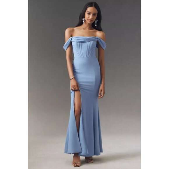 DRESS THE POPULATION Melania Off the Shoulder Gown in Sky Size Large - Picture 3 of 13